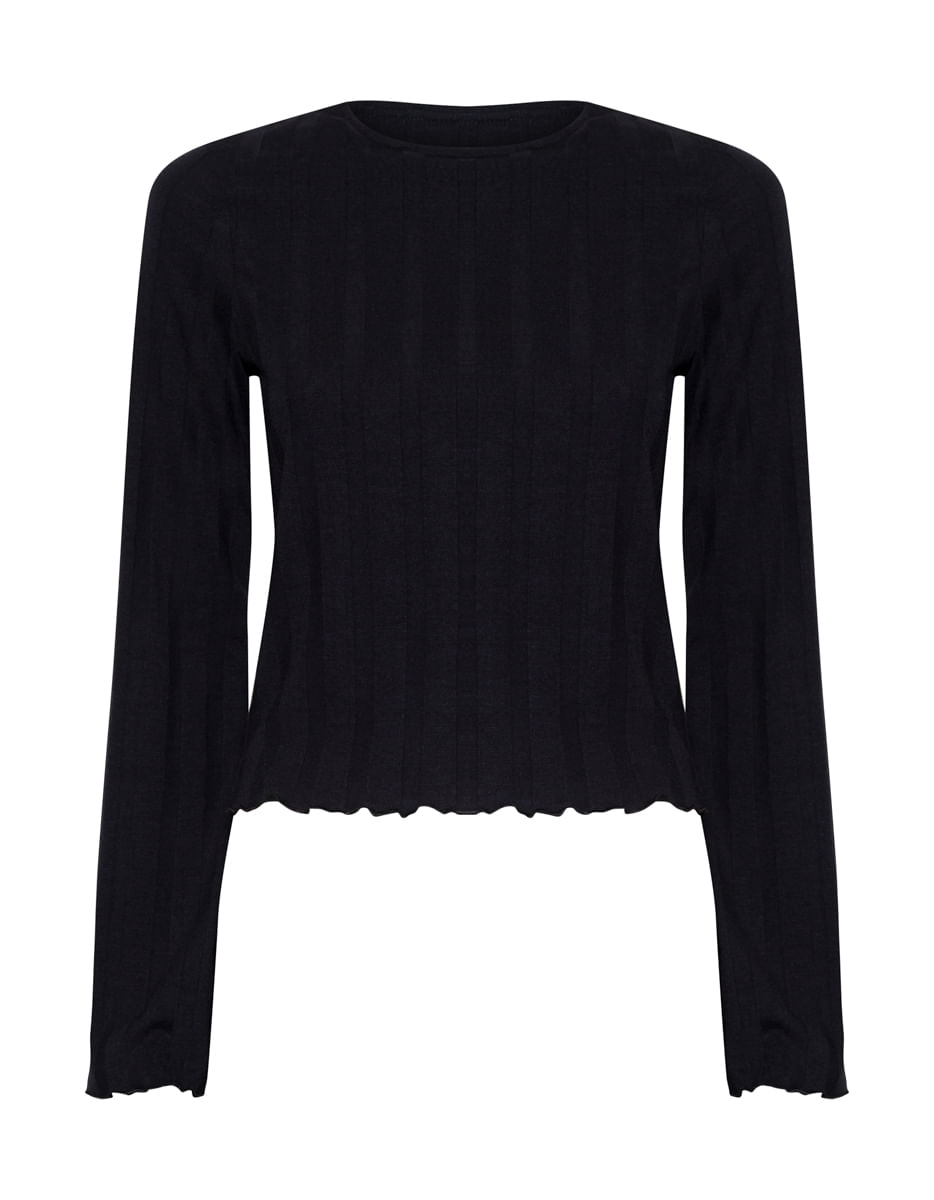 BLUSA MANGA LONGA SINO CANELADA BARRA FRUFRU PRETO TAMANHO XP