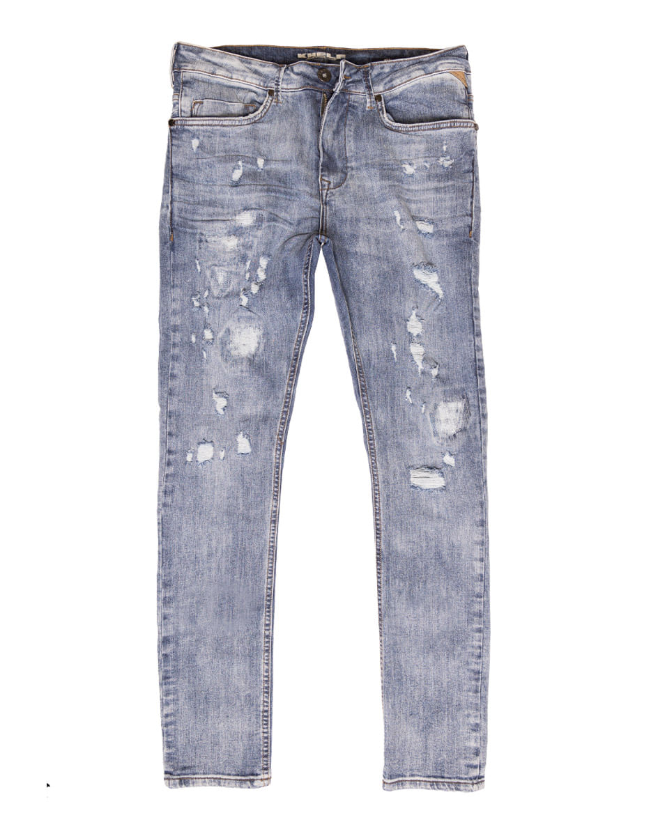 CALÇA MASCULINA JEANS SKIN COM RASGOS E CERZIDOS DESTROYED TAMANHO 38