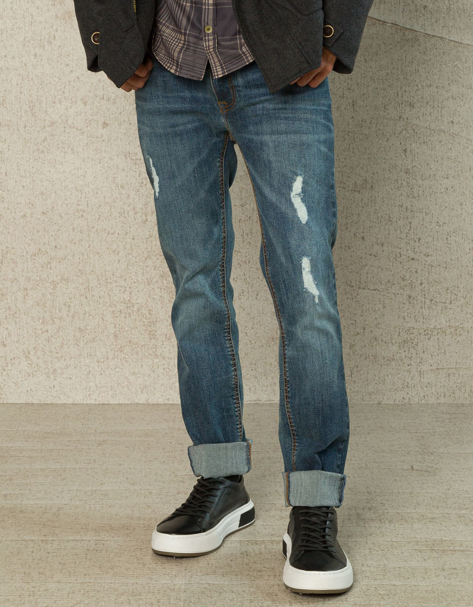 CALÇA MASCULINA JEANS NARROW RASGOS DESTROYED TAMANHO 38